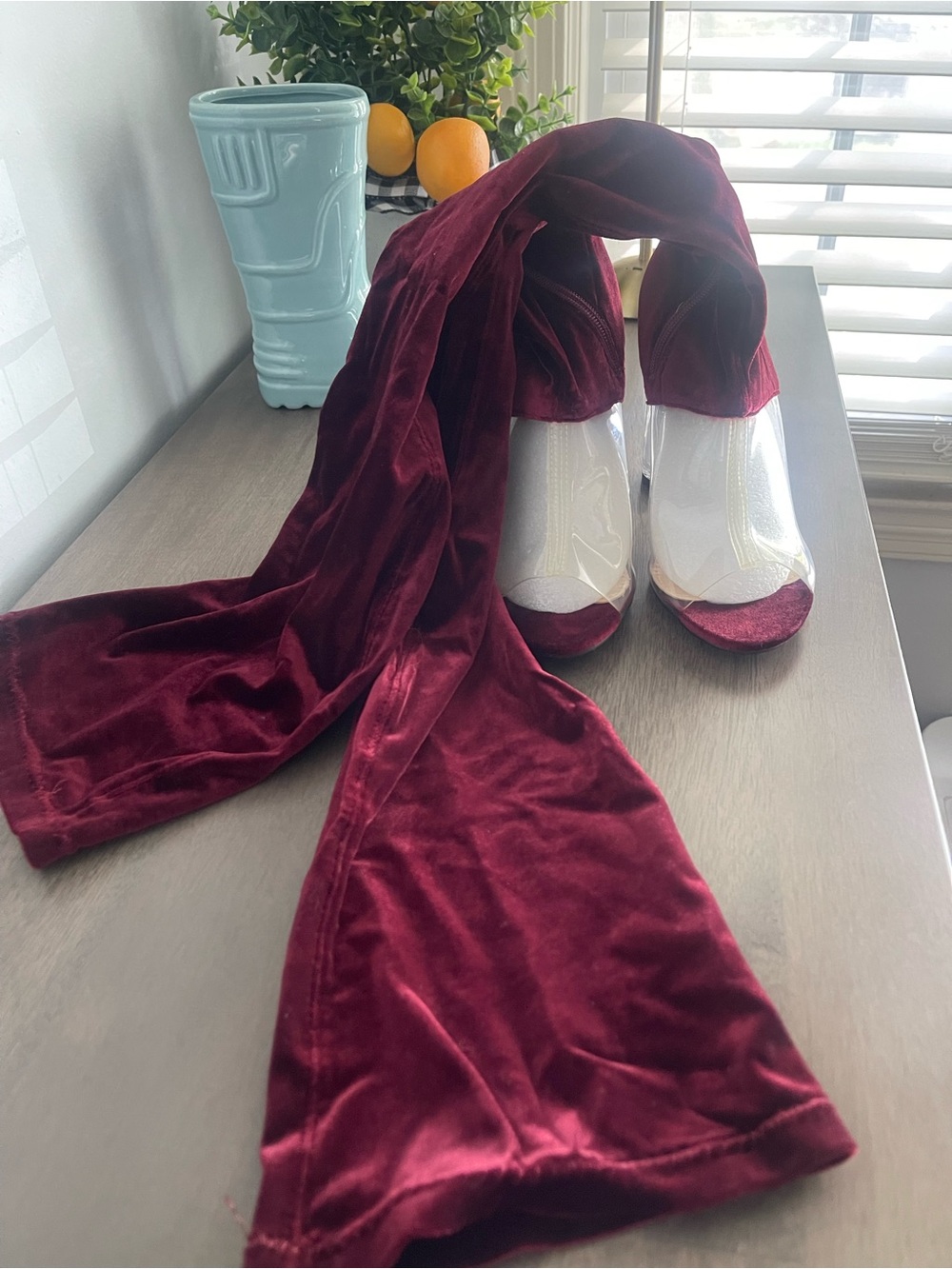 Over-the-Knee Velvet Boots in Burgundy - Women
